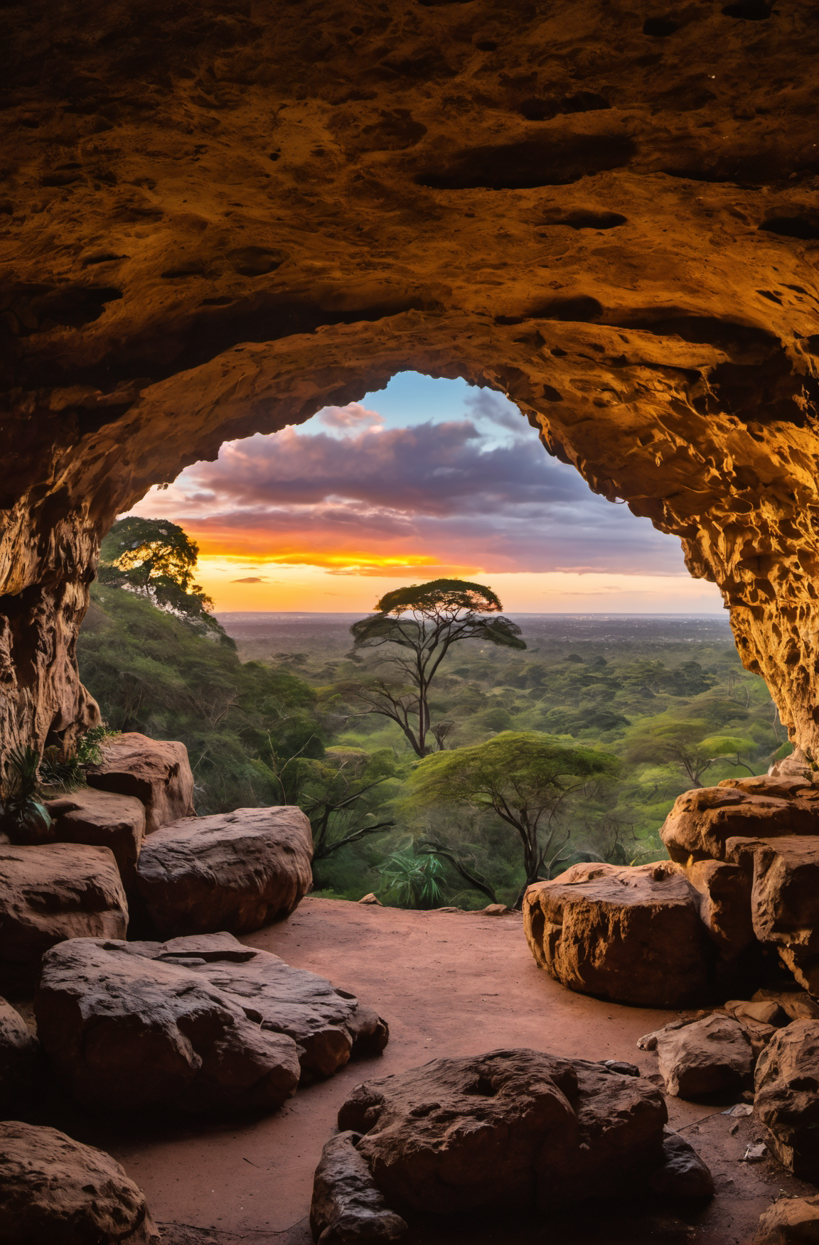 photograph, landscape of a Mythical Grotto from inside of a Harare, at Twilight, Depressing, Cloudpunk, Cold Lighting, dyn...